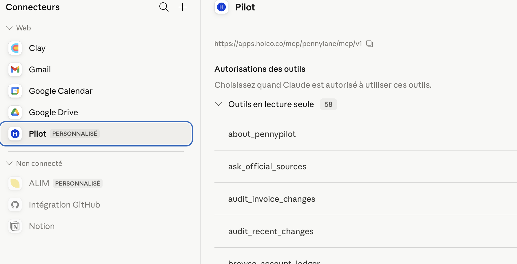 Connecteur Pilot connecté dans Claude : URL apps.holco.co et 58 outils PennyPilot en lecture seule